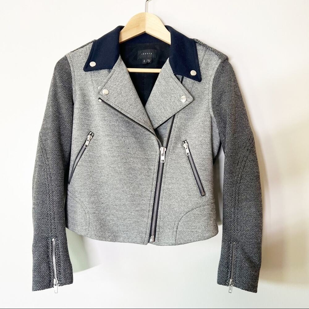 Theory Adashi K Moto Jacket Wool Blend Gray Black Navy Size Small